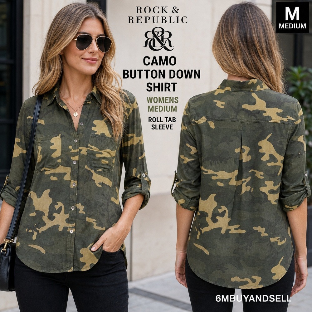 Rock & Republic Womens Camo Button Down Shirt Green Roll Tab Sleeve Medium